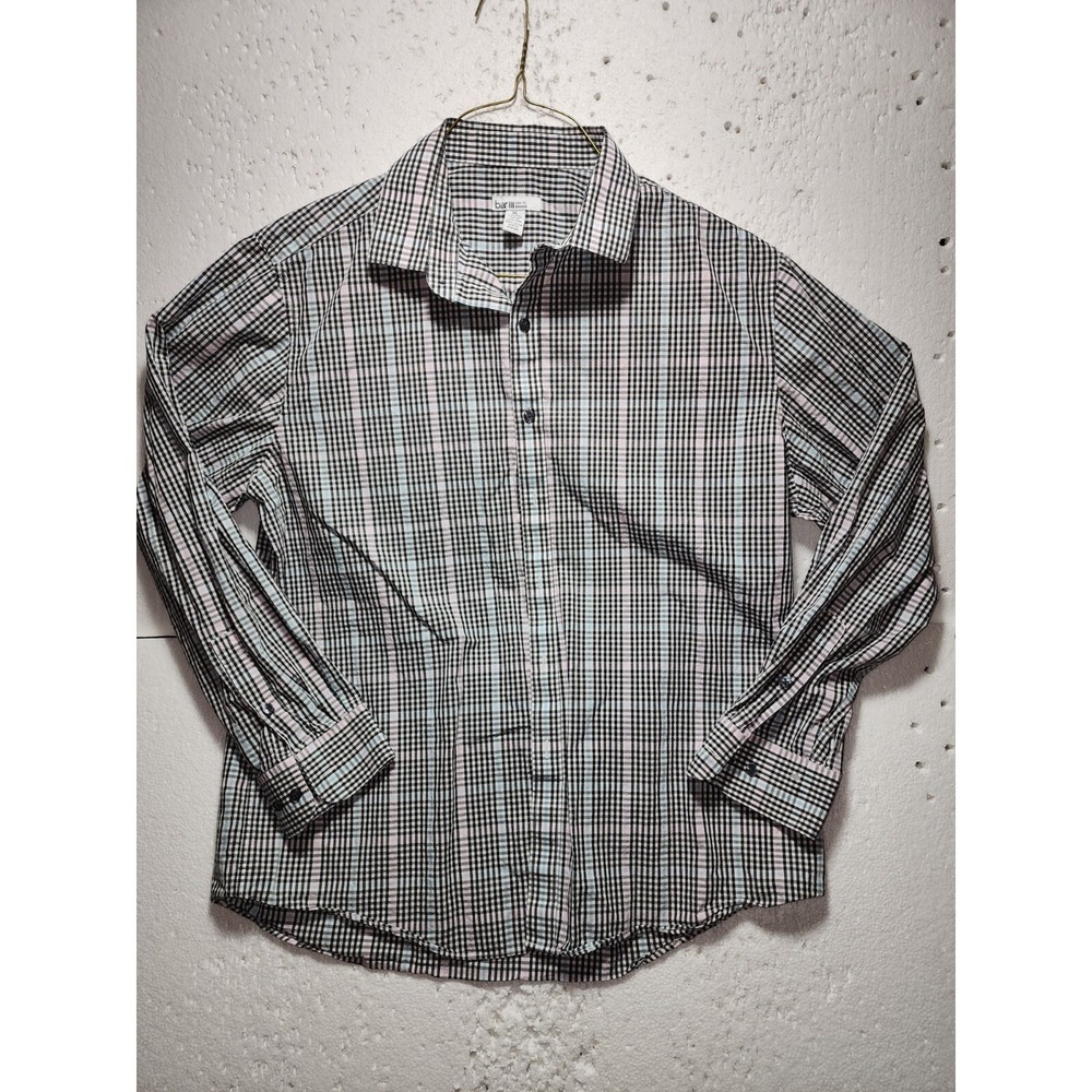 Bar III Shirt Mens Large White Black Plaid Slim Fit Stretch Button Up Collared